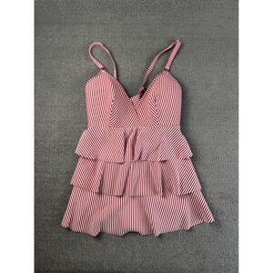 Swim by Cacique Tankini Womens Plus 22 Red White Stripe Tiered Ruffle Seersucker